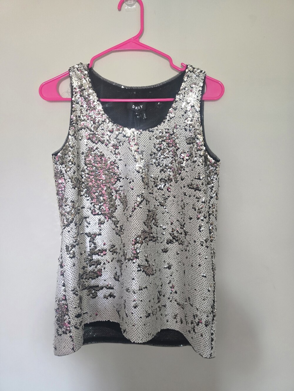 New DKNY Silver And White Sequin Glam Tank Top Size XS